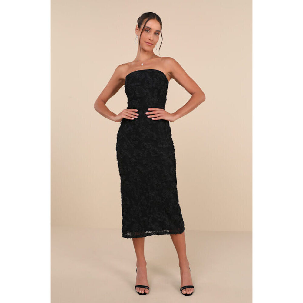 Lulus Flawless Perfection Black Floral Applique Strapless Midi Dress - Size M